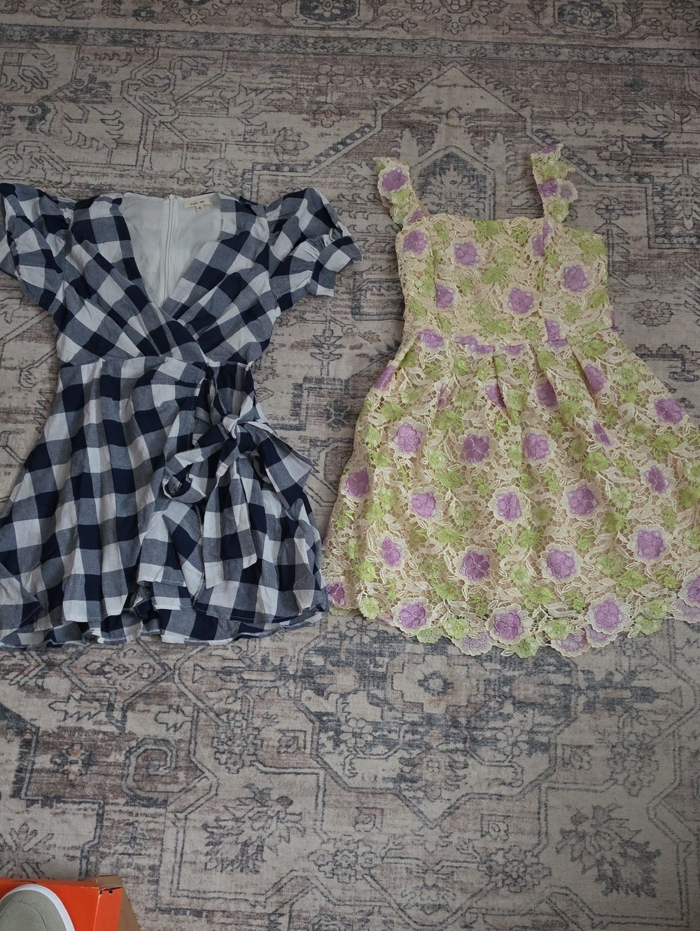 New Just Me Womens Size Medium Dresses. 1 Navy Blue Plaid And 1 Lace Flower.